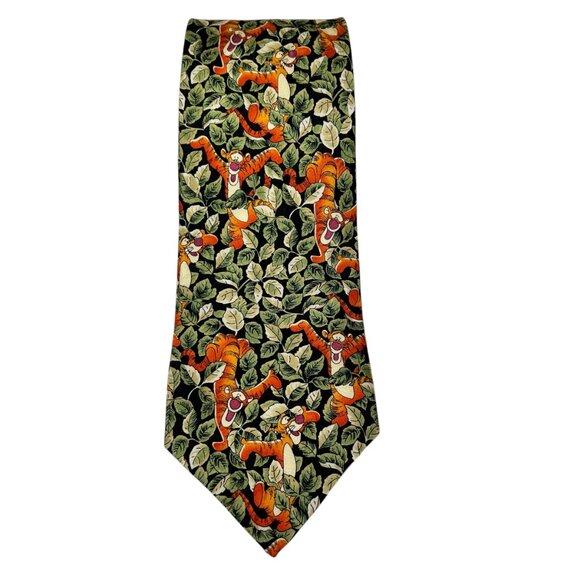 Vintage Disney World Mens Tigger in Jungle Leaves Green Orange Silk Pointed Tie - Picture 7 of 11